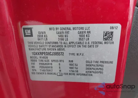 2012 GMC Acadia Sle z USA, uszkodzony, nr VIN 1GKKRPED8CJ385572